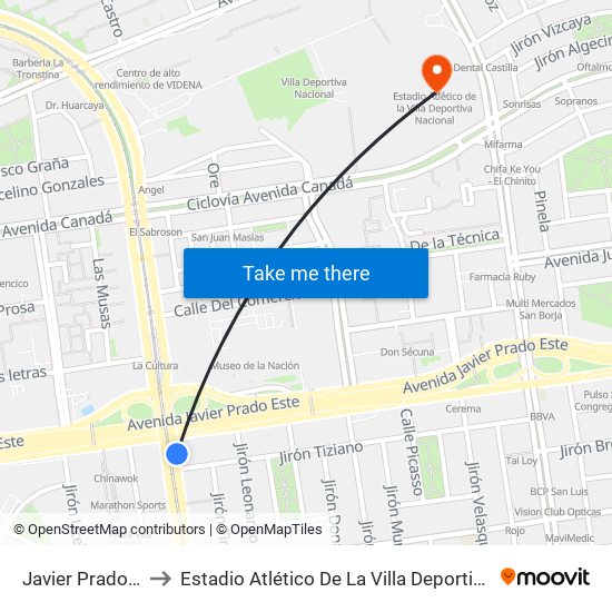 Javier Prado Este to Estadio Atlético De La Villa Deportiva Nacional map