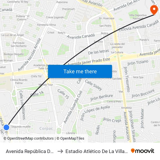 Avenida República De Panamá, 3411 to Estadio Atlético De La Villa Deportiva Nacional map