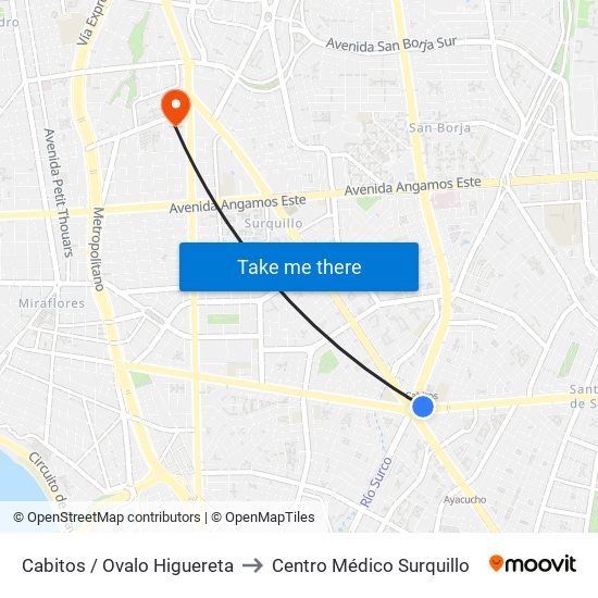 Cabitos / Ovalo Higuereta to Centro Médico Surquillo map
