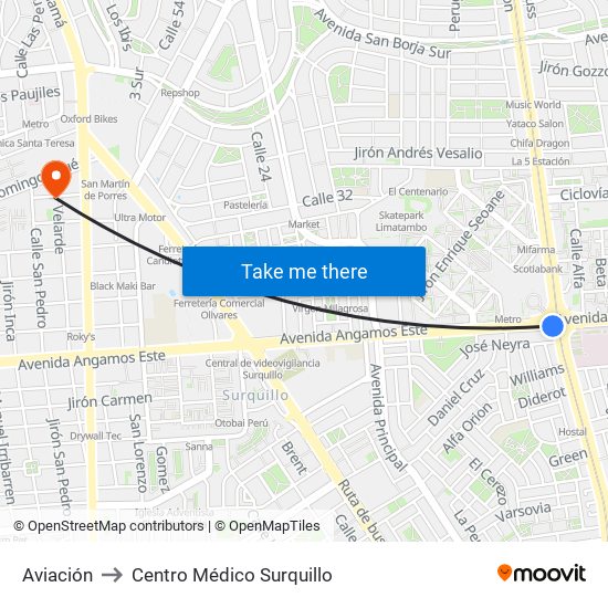 Aviación to Centro Médico Surquillo map