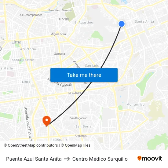 Puente Azul Santa Anita to Centro Médico Surquillo map