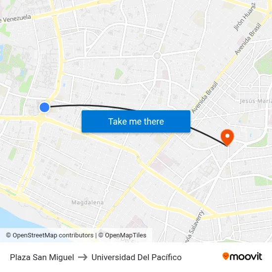 Plaza San Miguel to Universidad Del Pacífico map