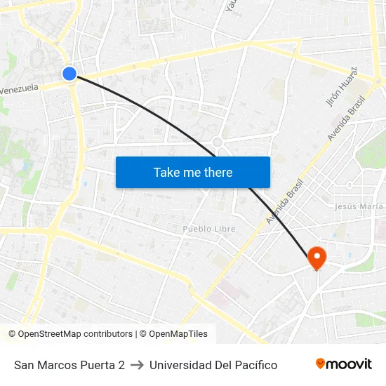 San Marcos Puerta 2 to Universidad Del Pacífico map