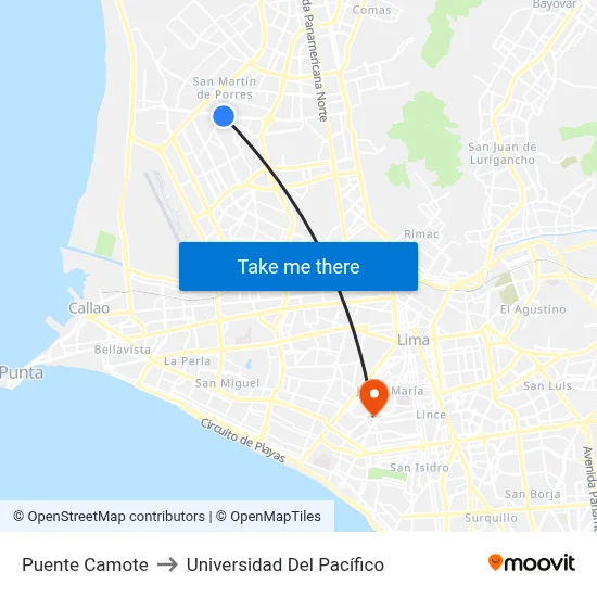 Puente Camote to Universidad Del Pacífico map