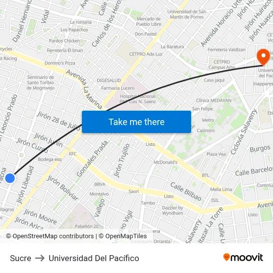Sucre to Universidad Del Pacífico map