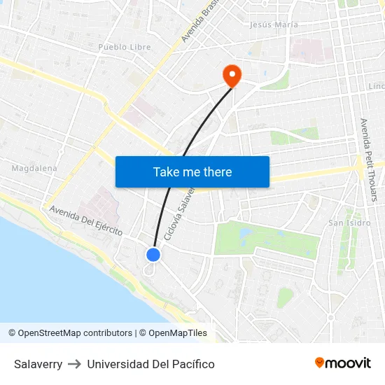 Salaverry to Universidad Del Pacífico map