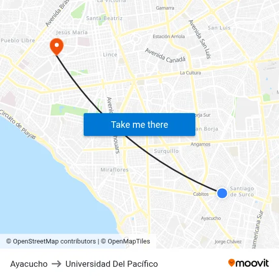 Ayacucho to Universidad Del Pacífico map