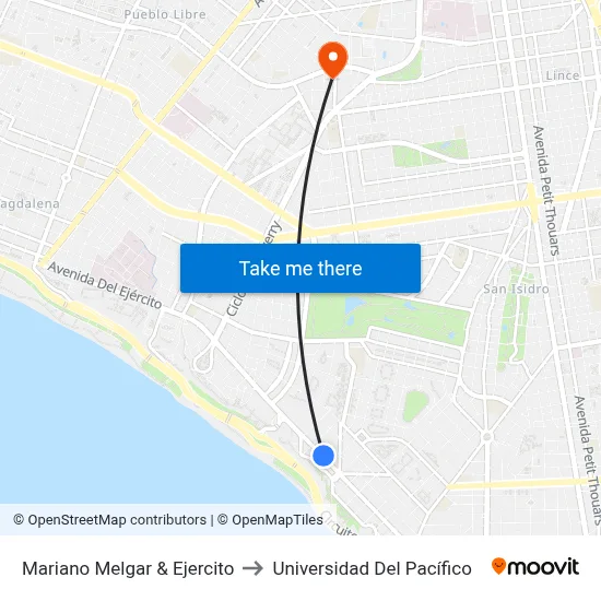 Mariano Melgar & Ejercito to Universidad Del Pacífico map