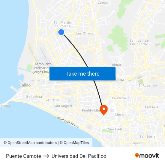 Puente Camote to Universidad Del Pacífico map