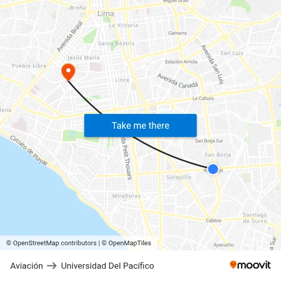 Aviación to Universidad Del Pacífico map