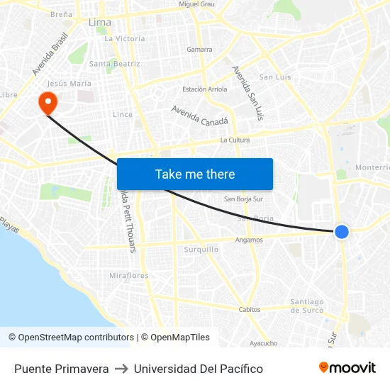 Puente Primavera to Universidad Del Pacífico map