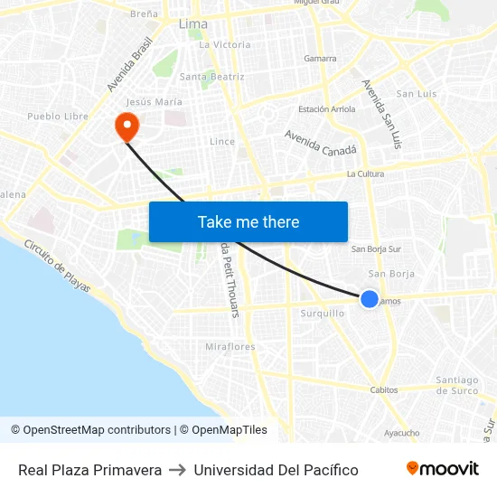 Real Plaza Primavera to Universidad Del Pacífico map