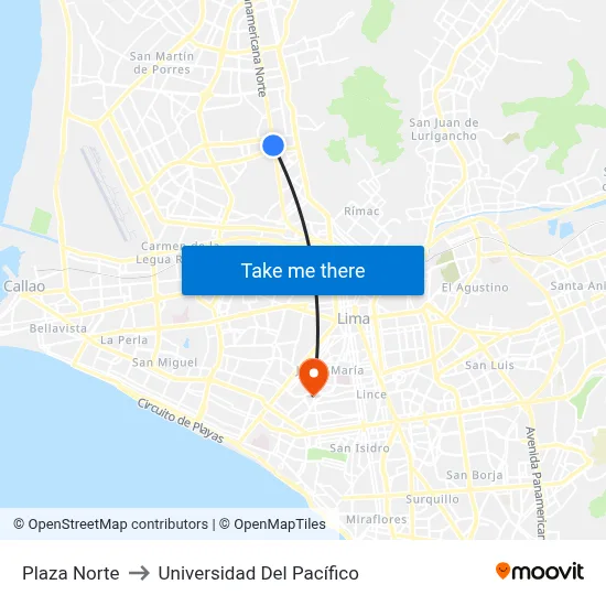 Plaza Norte to Universidad Del Pacífico map