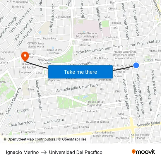 Ignacio Merino to Universidad Del Pacífico map