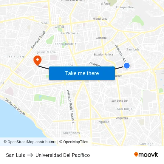 San Luis to Universidad Del Pacífico map