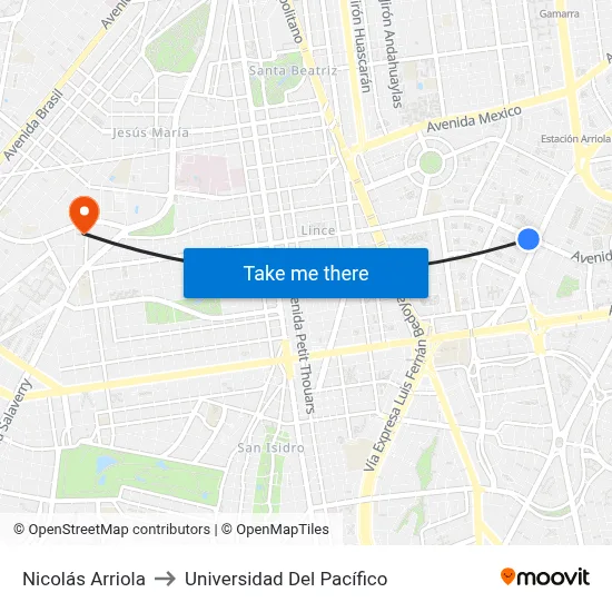 Nicolás Arriola to Universidad Del Pacífico map