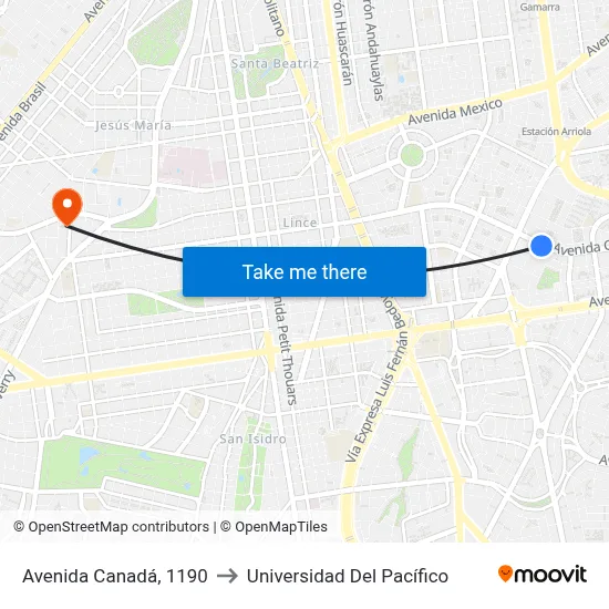 Avenida Canadá, 1190 to Universidad Del Pacífico map