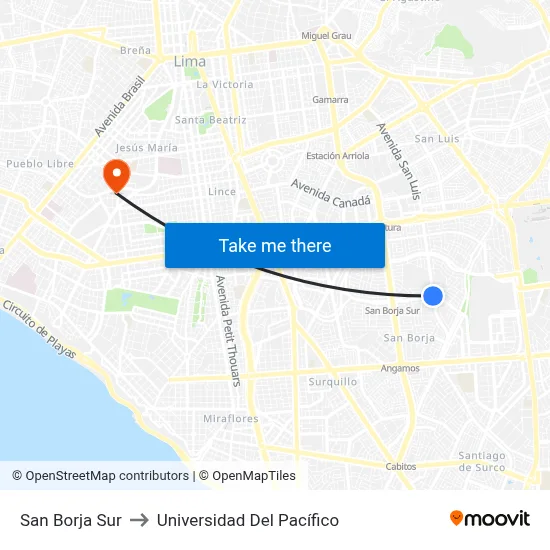 San Borja Sur to Universidad Del Pacífico map