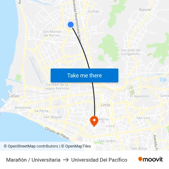 Marañón / Universitaria to Universidad Del Pacífico map