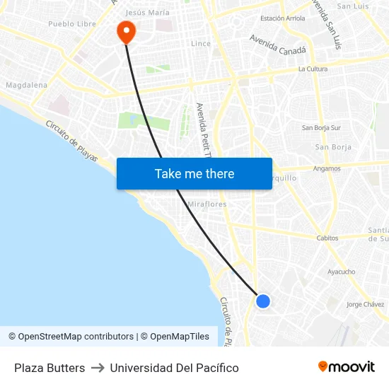 Plaza Butters to Universidad Del Pacífico map