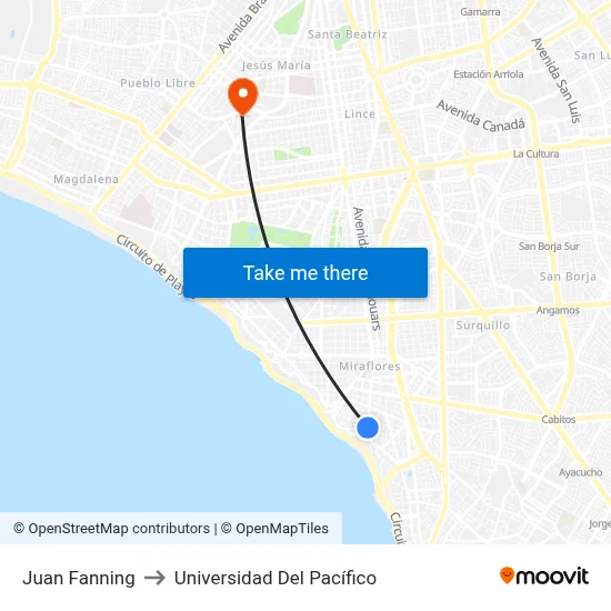Juan Fanning to Universidad Del Pacífico map
