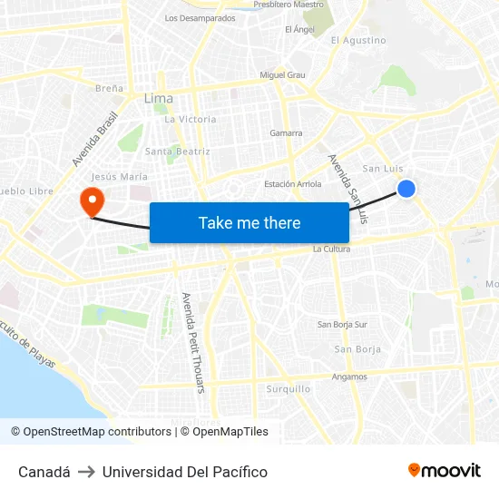 Canadá to Universidad Del Pacífico map