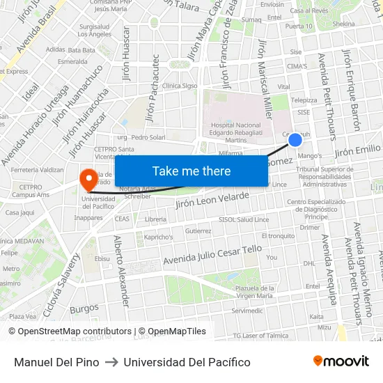 Manuel Del Pino to Universidad Del Pacífico map