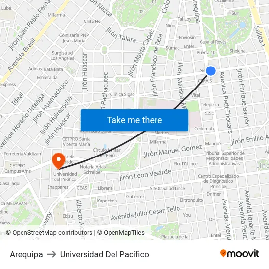 Arequipa to Universidad Del Pacífico map