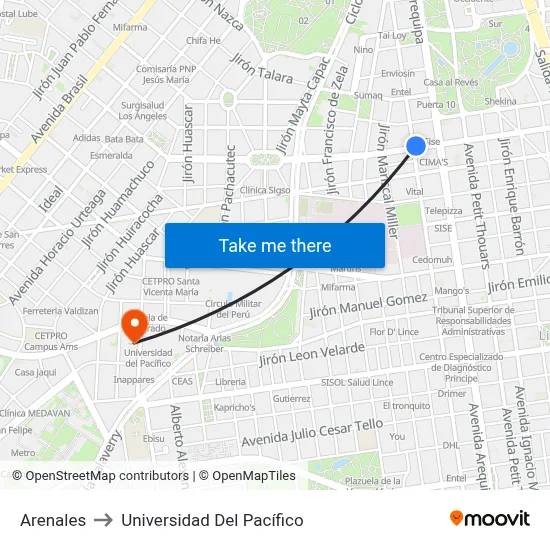 Arenales to Universidad Del Pacífico map