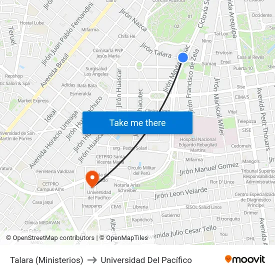 Talara (Ministerios) to Universidad Del Pacífico map