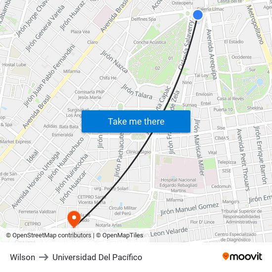 Wilson to Universidad Del Pacífico map