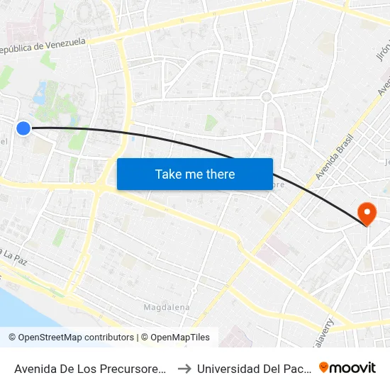 Avenida De Los Precursores, 317 to Universidad Del Pacífico map