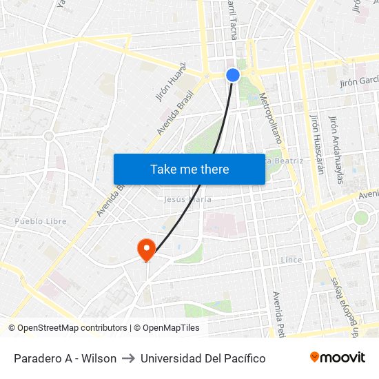 Paradero A - Wilson to Universidad Del Pacífico map