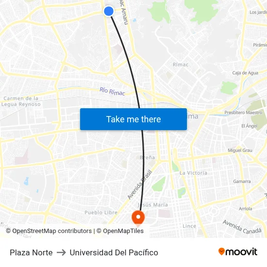 Plaza Norte to Universidad Del Pacífico map