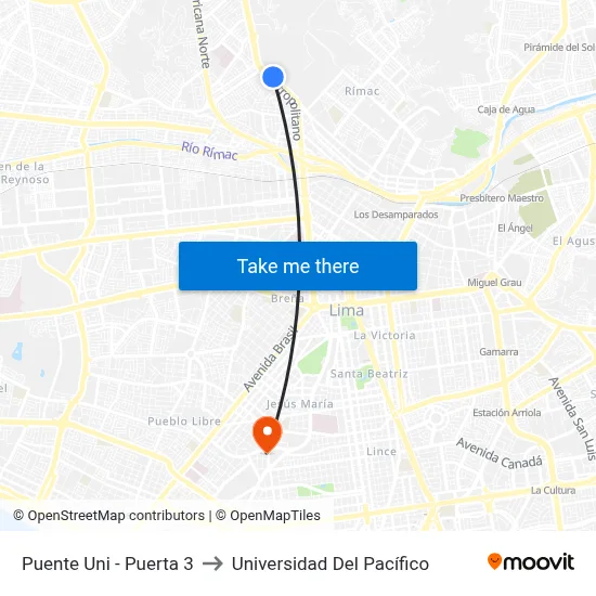 Puente Uni - Puerta 3 to Universidad Del Pacífico map