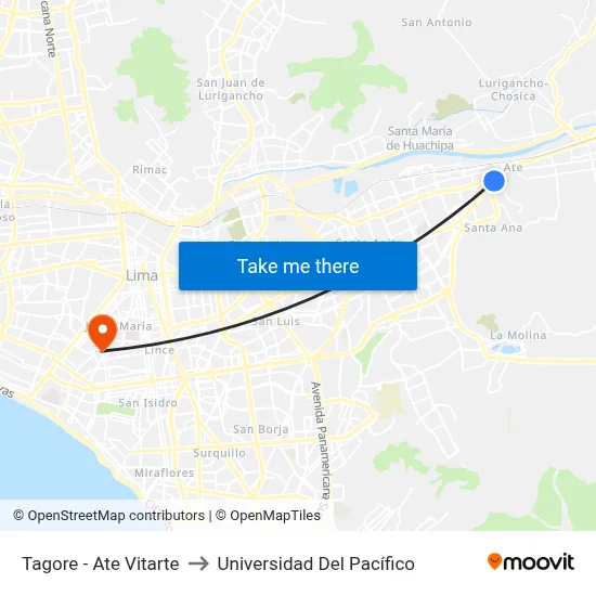 Tagore - Ate Vitarte to Universidad Del Pacífico map