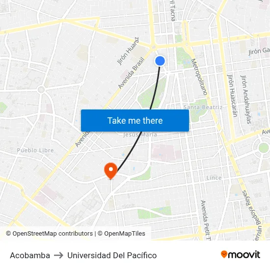 Acobamba to Universidad Del Pacífico map