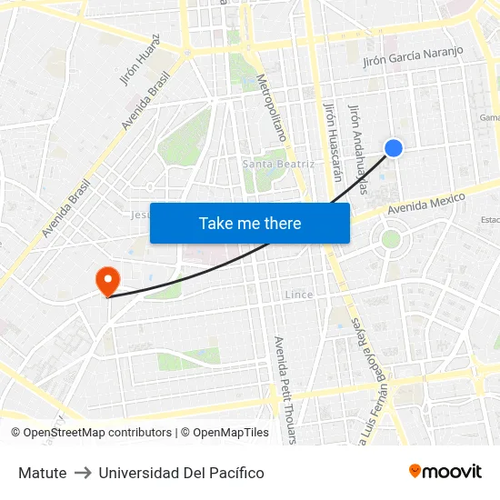 Matute to Universidad Del Pacífico map