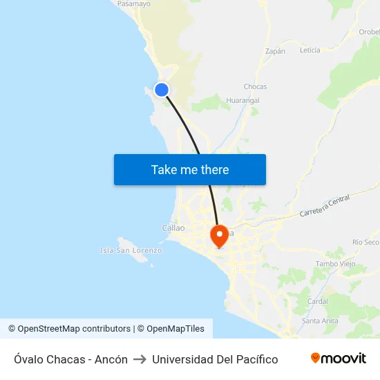 Óvalo Chacas - Ancón to Universidad Del Pacífico map