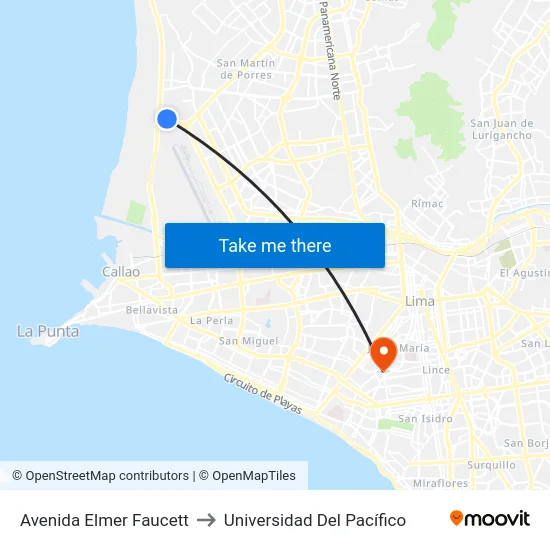 Avenida Elmer Faucett to Universidad Del Pacífico map