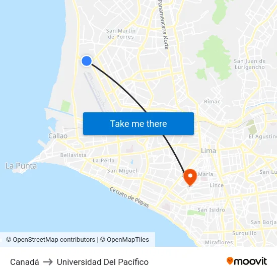 Canadá to Universidad Del Pacífico map