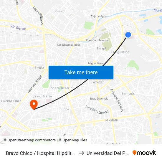 Bravo Chico / Hospital Hipólito Unanue to Universidad Del Pacífico map