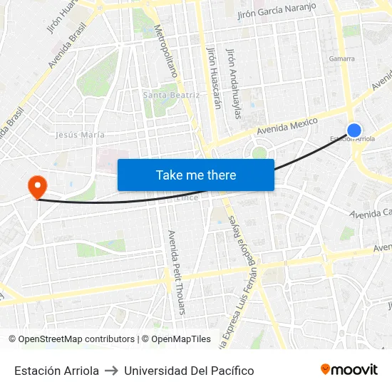 Estación Arriola to Universidad Del Pacífico map