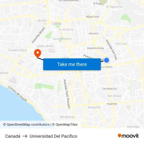 Canadá to Universidad Del Pacífico map