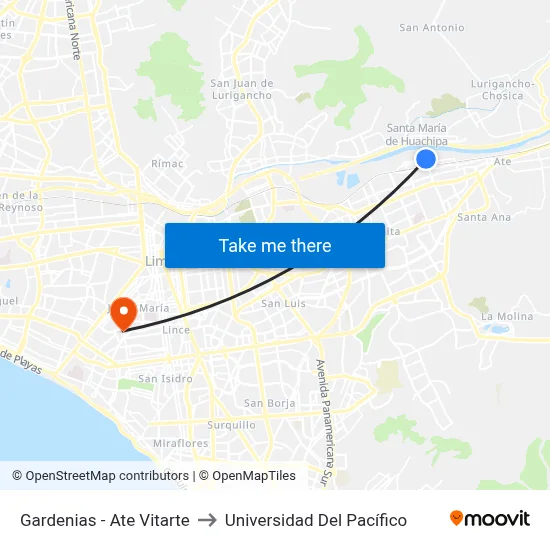 Gardenias - Ate Vitarte to Universidad Del Pacífico map