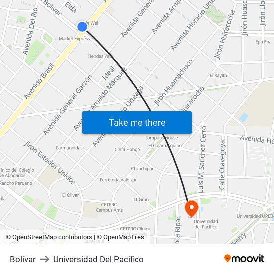 Bolívar to Universidad Del Pacífico map