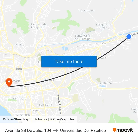 Avenida 28 De Julio, 104 to Universidad Del Pacífico map