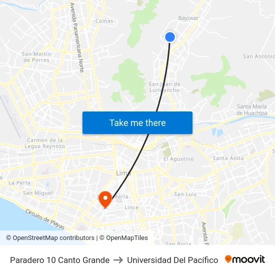 Paradero 10 Canto Grande to Universidad Del Pacífico map