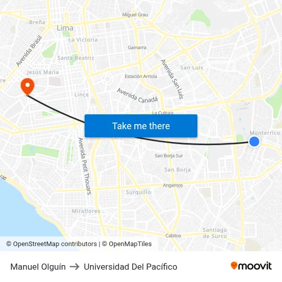Manuel Olguín to Universidad Del Pacífico map
