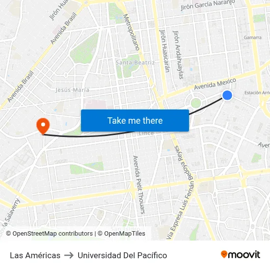 Las Américas to Universidad Del Pacífico map